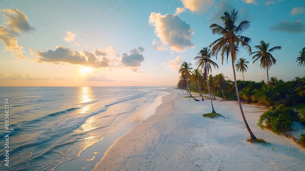 Poster aerial view of green palm trees on the empty sandy beach of indian ocean at sunset summer in kendwa 