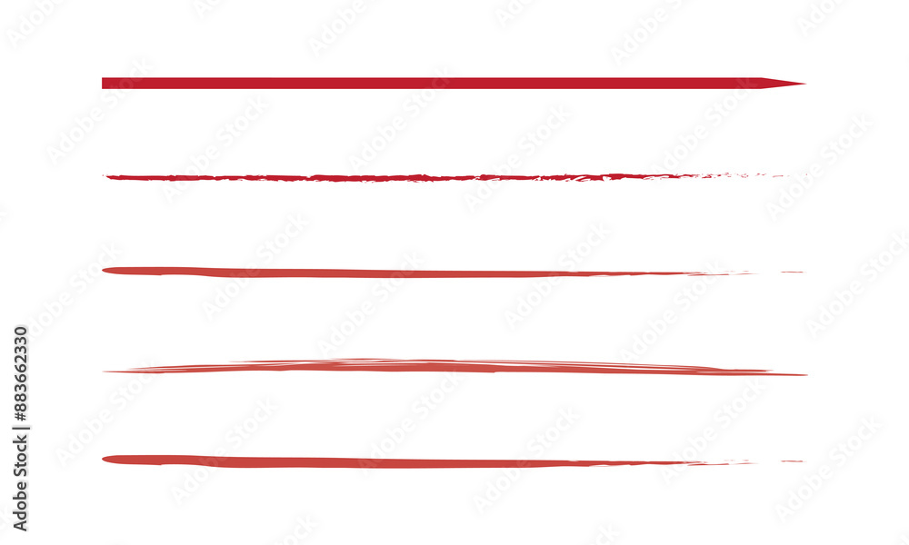Fototapete crayon underline collection of red textured horizontal brushstrokes - rough, uneven lines with varyi
