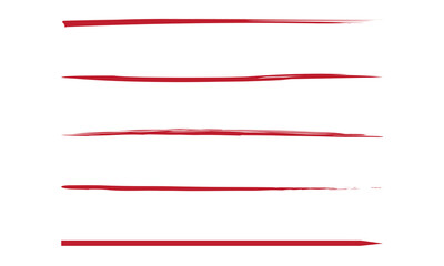 Crayon underline collection of red textured horizontal brushstrokes - rough, uneven lines with varying length and thickness. Grunge decorative elements with chalk effect for highlighting, marking text