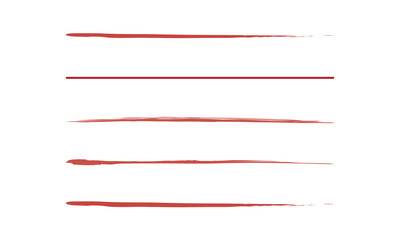 Crayon underline collection of red textured horizontal brushstrokes - rough, uneven lines with varying length and thickness. Grunge decorative elements with chalk effect for highlighting, marking text