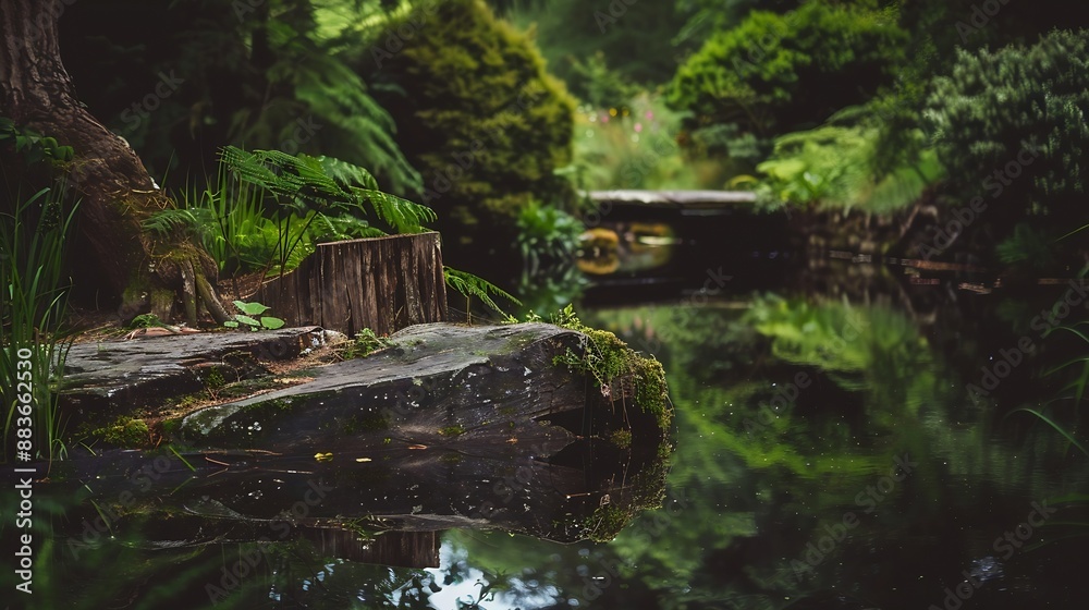 Poster early in the morning at a pond with beautiful vegetation and an atmospheric lagoon landscape in inve