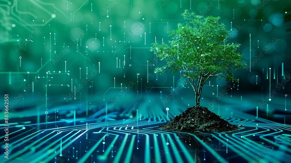 Poster Tree with soil growing on  the converging point of computer circuit board Blue light and wireframe network background Green Computing Green Technology Green IT csr and IT ethics Concep : Generative AI
