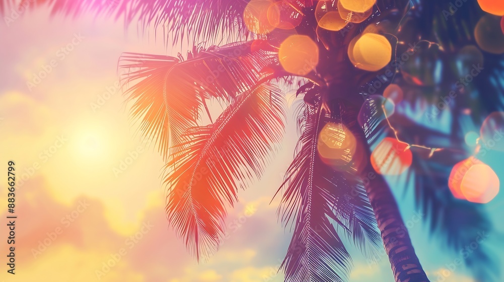 Poster tropical palm tree with colorful bokeh sun light on sunset sky cloud abstract background summer vaca