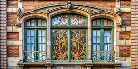 Fototapeta premium Detail of a window in the Art Nouveau style in Belgium, Art Nouveau, Belgium, window, architecture, design