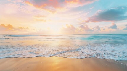 Closeup of sea beach and colorful sunset sky Panoramic beach landscape Empty tropical beach and seascape Orange and golden sunset sky soft sand calmness tranquil relaxing sunlight summ : Generative AI