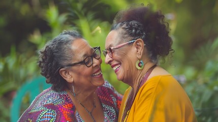 Senior African American woman and senior biracial woman share a joyful moment outdoors Both are wearing glasses and vibrant clothing exuding happiness and vitality in a garden setting : Generative AI