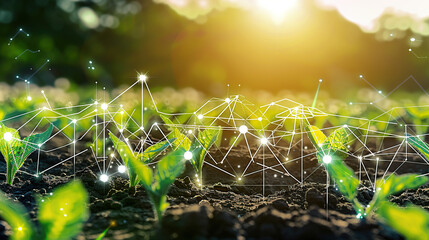 A futuristic digital landscape of growing plants with icons and graphs representing the use of artificial intelligence in agriculture