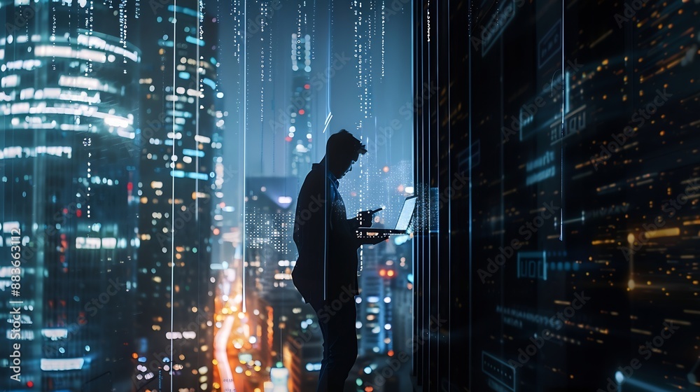 Leinwandbilder Digital technology big data internet network connection futuristic innovation technology background Man using mobile phone and laptop and smart city : Generative AI