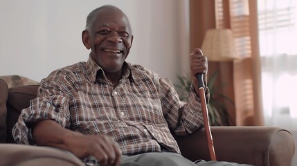 Happy face and a black man with a cane on the sofa for support medical help and retirement Smile house and portrait of a senior African person on the living room couch with a stick for : Generative AI