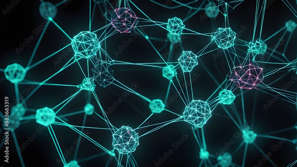 Wall mural a computer generated image of a network of blue and pink dots