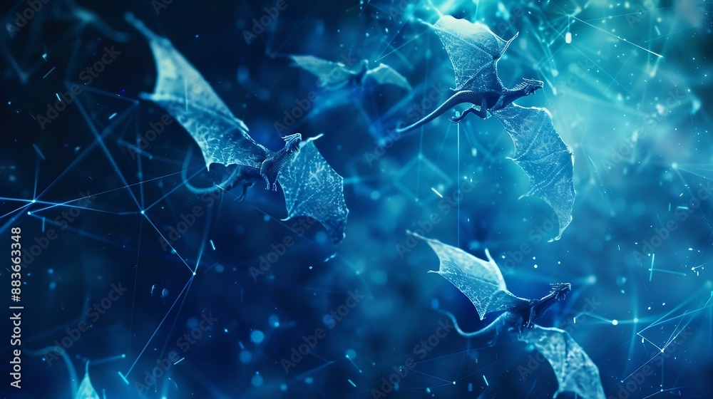 Leinwandbilder Abstract flying dragons on a dark blue background Technological background for design on the topic of artificial intelligence neural networks big data Copy space : Generative AI