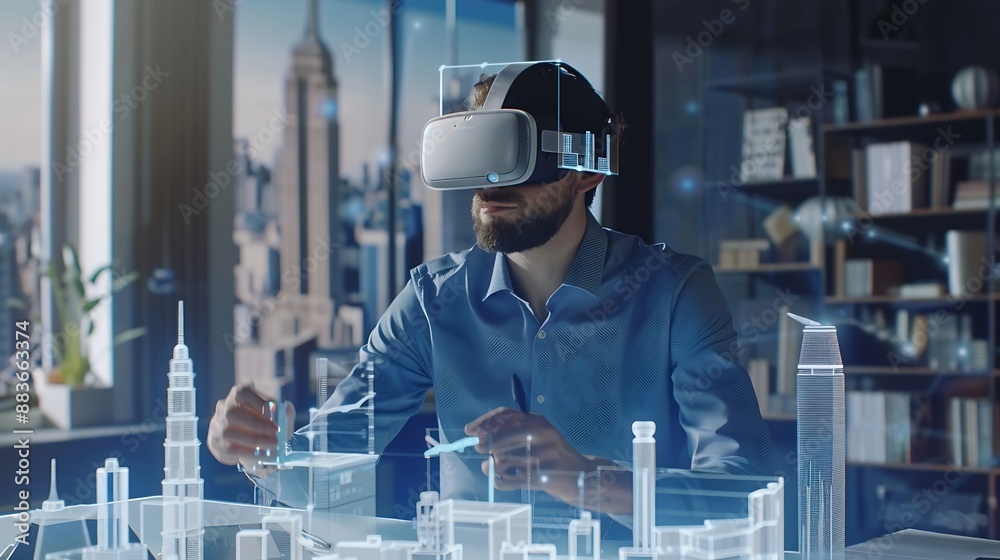 Aufkleber Male engineer uses VR headset and wireless controllers creates architectural project of the city in virtual reality Man works in modern hitech company 3D hologram Future digital AI tec : Generative AI