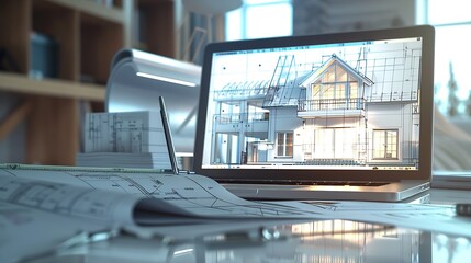 Digital blueprint by architecture design software on laptop screen with documents and blueprint layout on office table seamless integration of technology and traditional drafting metho : Generative AI