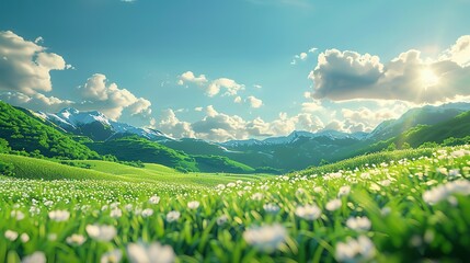 Scenic landscape with snow capped mountains and lush green meadows adorned with delicate white flowers under a vibrant blue sky and fluffy white clouds
