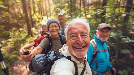 Nature selfie and senior friends on a hike for wellness exercise and health in the woods Happy smile and portrait of a group of elderly people in retirement in forest trekking together : Generative AI