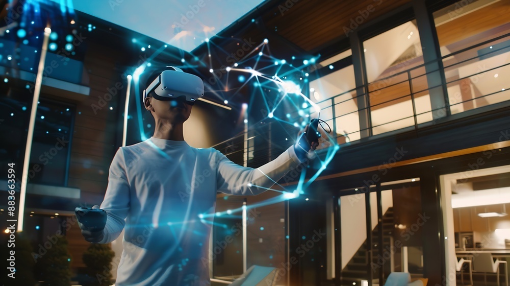 Poster male designer uses vr headset and wireless controllers presents smart home exterior design project i