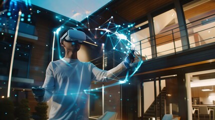 Male designer uses VR headset and wireless controllers presents smart home exterior design project in virtual reality to coworkers Modern hitech company 3D hologram Future digital tech : Generative AI