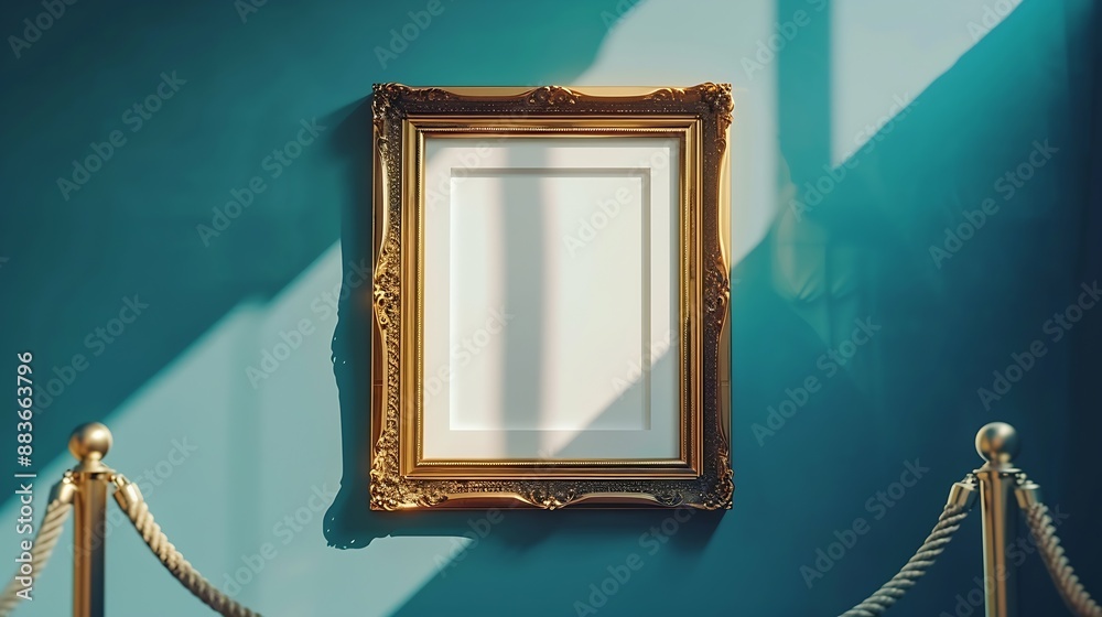 Fototapete mockup vertical white blank space in classic gold wooden square frame hanging isolated on luxury blu