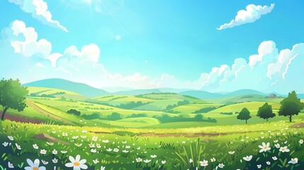 Fototapeta premium Scenic view of a lush green rolling hills landscape with white flowers and blue sky