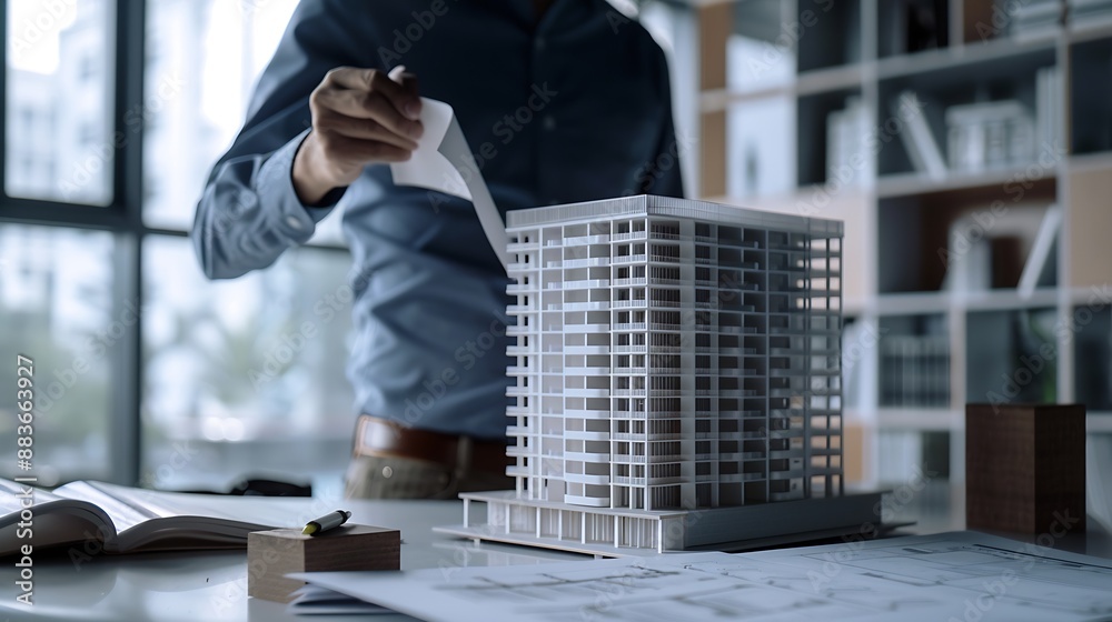 Poster Close up Asian individual architect or engineer holding building scale model of multistory building design or review of architectural plans laid out on work surface in front of them : Generative AI