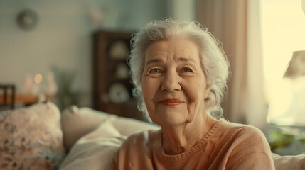 Closeup of beautiful elderly woman pretty charmingly smile looking at camera Close up of attractive old aged female sit on couch in cozy living room Senior Lifestyle Concept : Generative AI