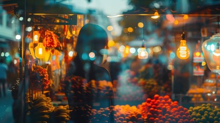 Marketplace barter scene close up, focus on, copy space Vibrant trading, Double exposure silhouette with culture