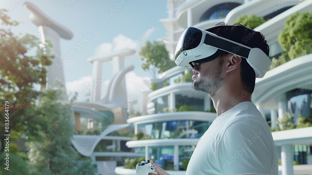 Aufkleber Male architect uses VR headset and wireless controllers presents modern hitech building and park architectural project in virtual reality to colleagues 3D hologram Future digital AI te : Generative AI