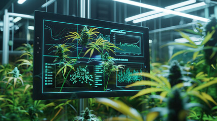 A high-tech computer screen that displays detailed data and diagrams for growing indoor plants indoors