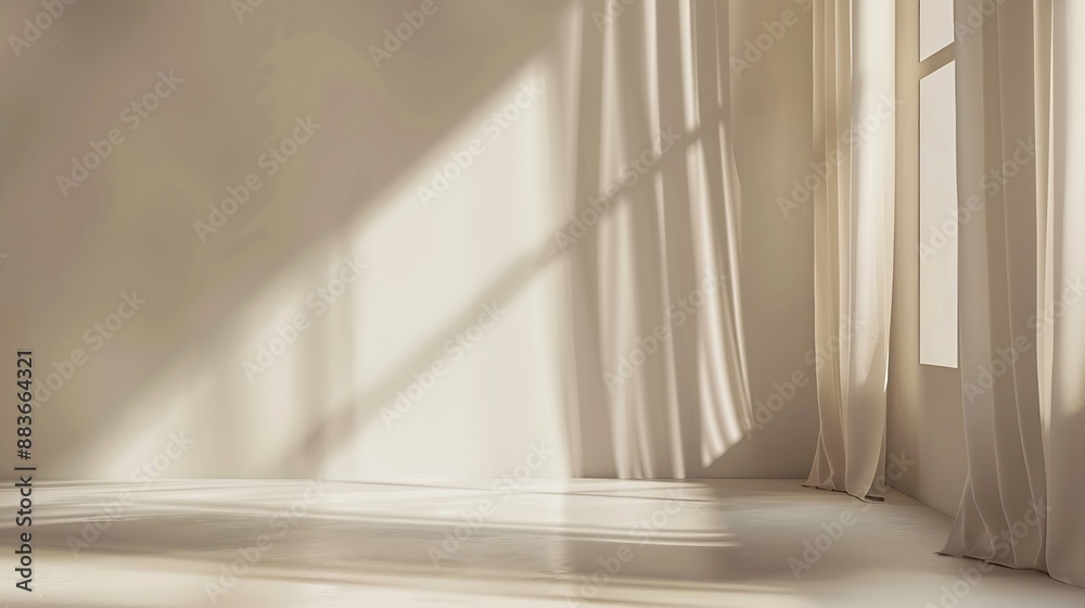 Poster Minimalistic abstract gentle light beige background for product presentation with light and shadow of window curtains on wall : Generative AI