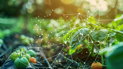 A futuristic digital landscape of growing plants with icons and graphs representing the use of artificial intelligence in agriculture