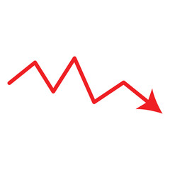 Chart with red down arrow isolated on white background. Falling growth in business