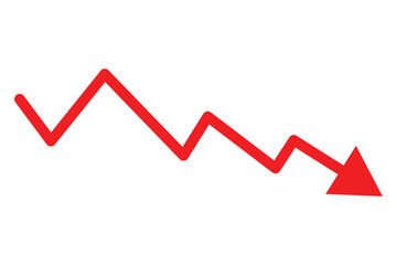 Chart with red down arrow isolated on white background. Falling growth in business
