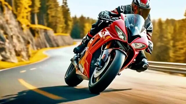 A rider is riding a superbike at a fast speed on a lap road