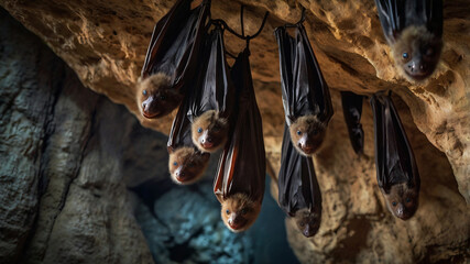 Obraz premium Zoomed in photography of bats hanging asleep upside down inside the cave 