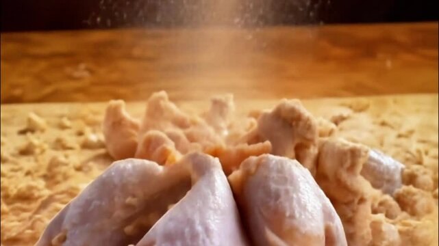 Raw chicken meat descending into a pristine mound of seasoned flour