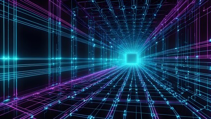 A futuristic space with a blue and purple background