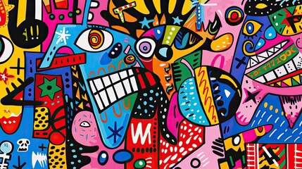 A funky pop art scene with exaggerated characters, bold patterns, and a dynamic mix of bright colors