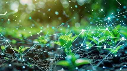A futuristic digital landscape of growing plants with icons and graphs representing the use of artificial intelligence in agriculture