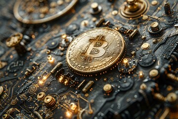 Bitcoin logo on circuit board with gold coin, representing digital currency.
