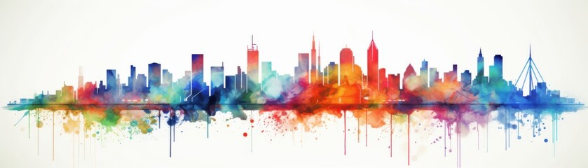 Obraz premium Contemporary Cityscape in Vibrant Watercolors Under Sunset Sky - Urban Artistic Impression at Twilight