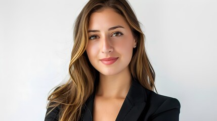 Perfect business lady. Beautiful young businesswoman looking at camera with smile while standing against white background. 
