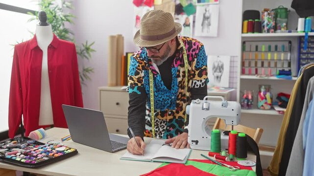 Fashion designer in vivid jacket sketches in notebook at atelier with sewing machine, fabrics and mannequin.