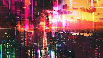 Obraz premium Glitch art cityscape with distorted buildings, fragmented neon signs, and digital noise