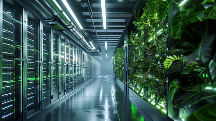 A modern data center with green walls