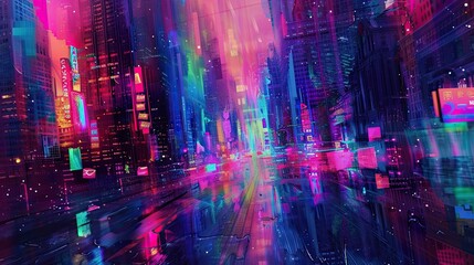 Fototapeta premium Glitch art cityscape with distorted neon lights, fragmented buildings, and digital artifacts