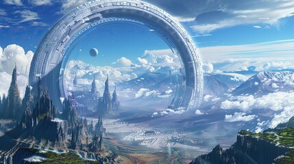 A futuristic city on a ringworld, with enormous curved landscapes stretching into the sky