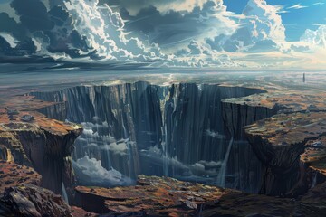 Fantasy landscape painting of a vast canyon with a river flowing through it