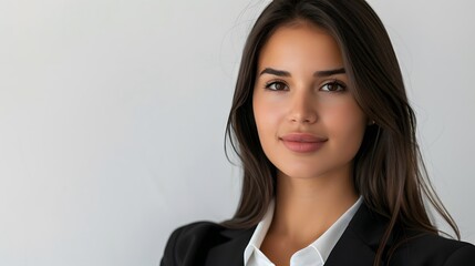 Perfect business lady. Beautiful young businesswoman looking at camera with smile while standing against white background. 
