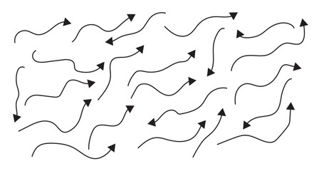 Curved arrows. Set of vector hand drawn doodle arrows. Set of Hand drawn doodle black curve arrows. Collection of pointers. vector.
