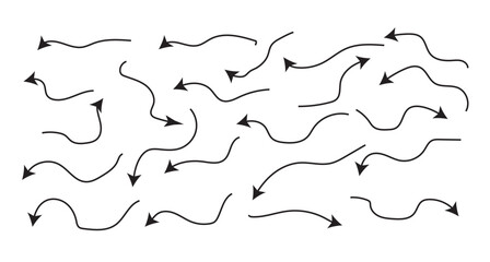 Curved arrows. Set of vector hand drawn doodle arrows. Set of Hand drawn doodle black curve arrows. Collection of pointers. vector.

